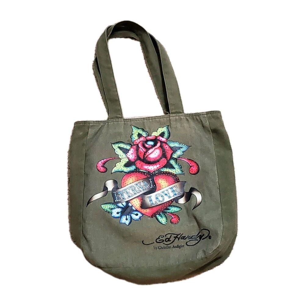 Ed Hardy by Christian Audigier Eco Bag Olive Tote Bag Shoulder Y2K